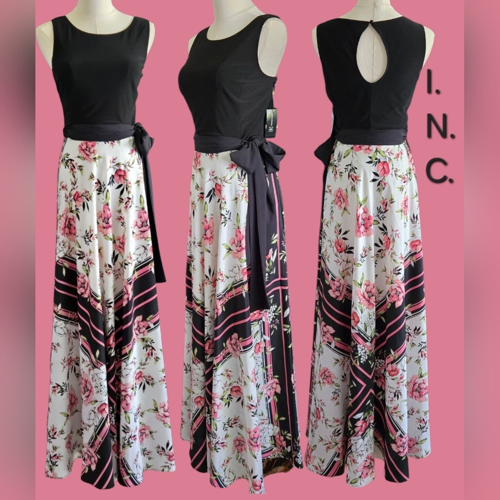 NWT I.N.C. Twofer Maxi Scarf-Print Dress A-Line Silhouette Garden Party